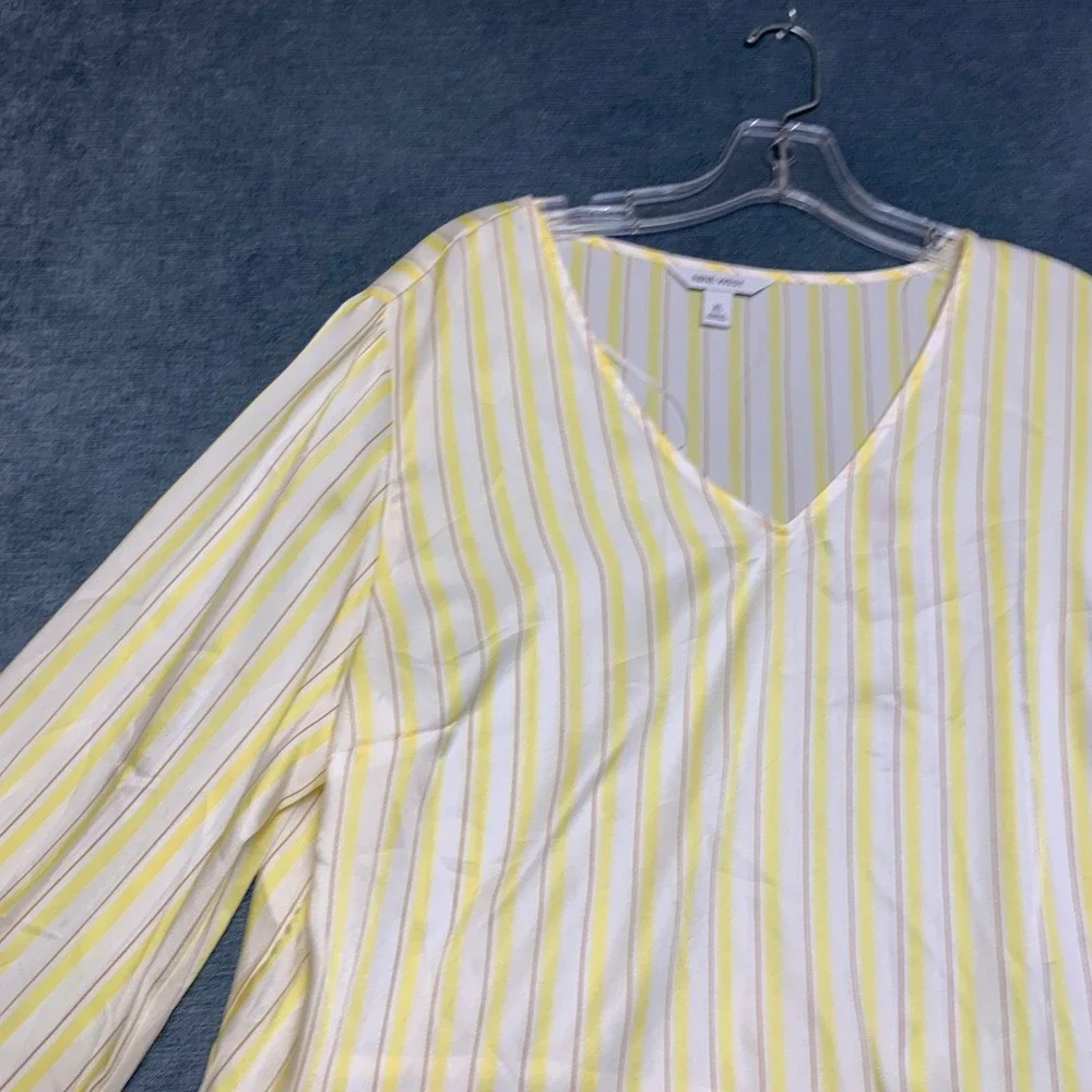 Nine West Shirred Tunic Top Womens XL Yellow White Striped V Neck Long Sleeve